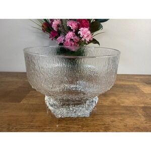Vintage Scandinavian Style Pressed Glass Pedestal Bowl Textured Ice Glass